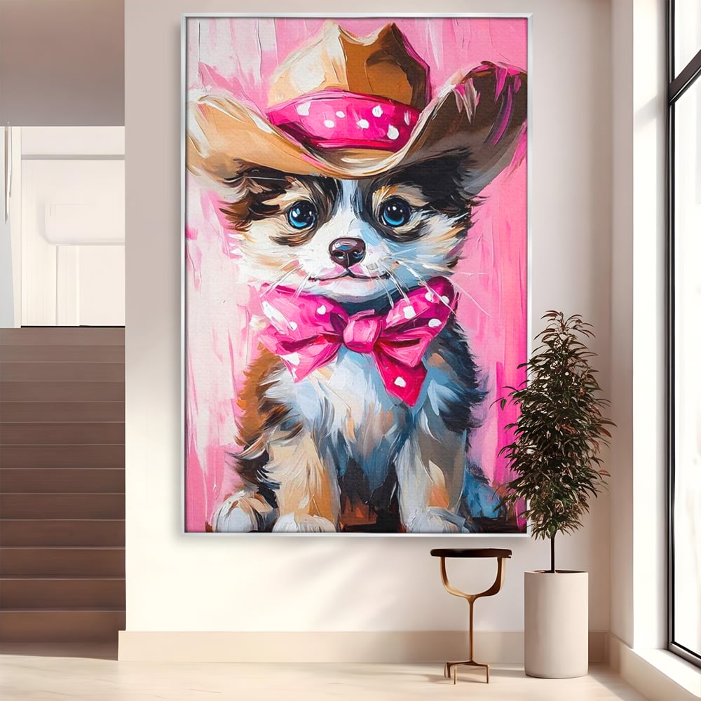 Tablou canvas cu tablou canvas cu catelus cowboy, in rama de aluminiu argintiu